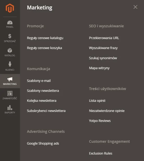 Sekcja Marketing w panelu administracyjnym Magento