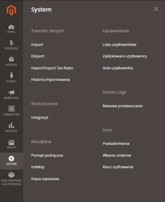 Sekcja System w panelu administracyjnym Magento