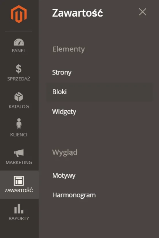 Sekcja Zawartość w panelu administracyjnym Magento