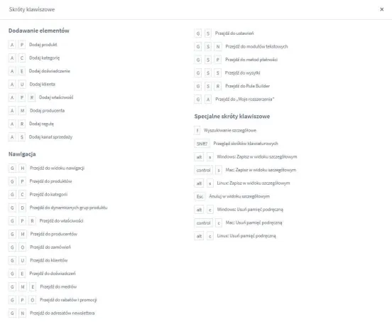 Skróty klawiszowe - Shopware 6