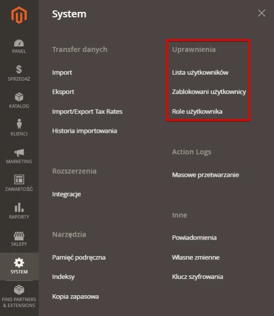 Wybór uprawnień dla użytkowników Magento
