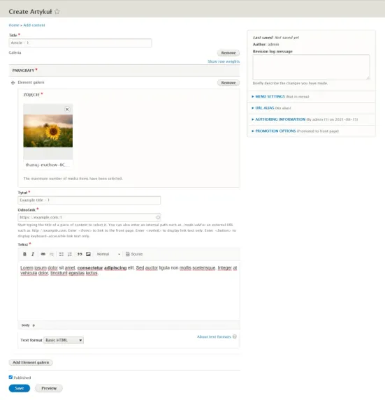 Creating an article in Drupal – final step
