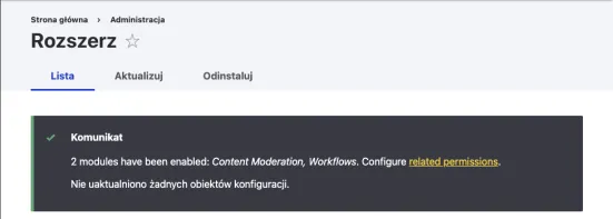 Instalacja modułów Content Moderation i Workflows - sukces