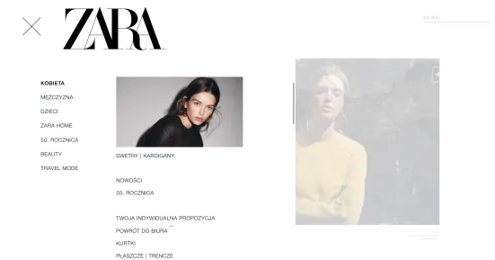 Menu na stronie Zara
