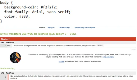 Walidacja krótkiego fragmentu CSS