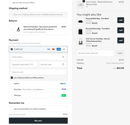 Allbirds - przykład jednostronicowego koszyka
