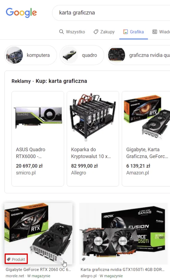 Grafika z etykietą Produkt w Google Grafika