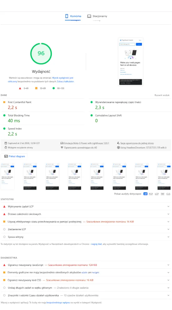 Raport PageSpeed Insights
