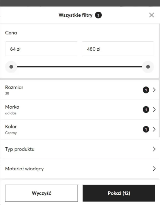 Ustawienia filtrowania produktów