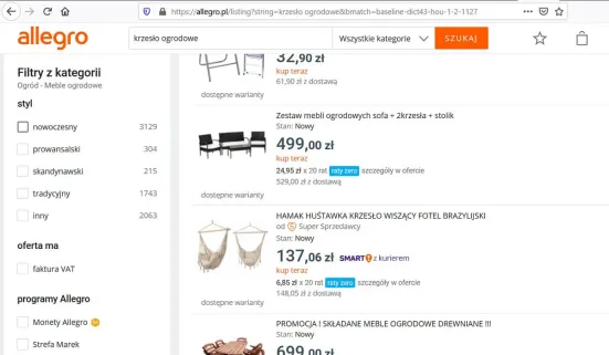 Filtrowanie w wyszukiwarce Allegro