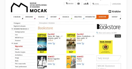 Rozwinięte menu strony Muzeum Sztuki Współczesnej w Krakowie