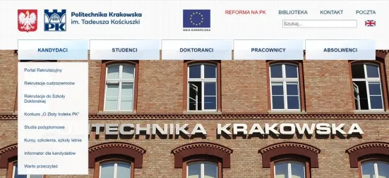 Menu strony Politechniki Krakowskiej