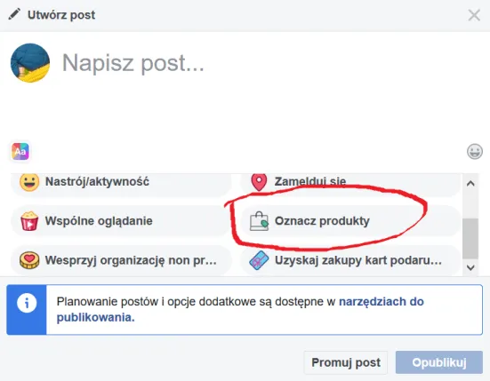 Oznaczenia produktów na Facebooku